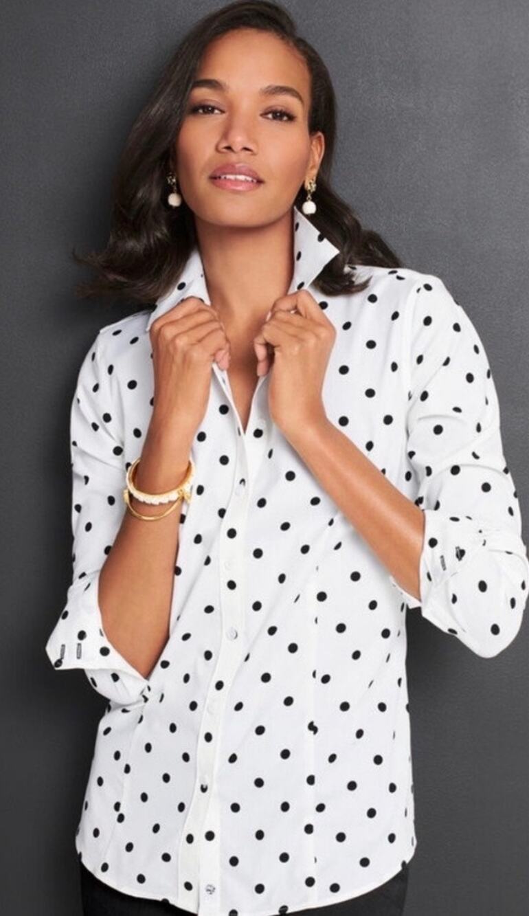 Talbots Women White Navy Polka Dot Button-Up Shirt Non-Iron Women's 16